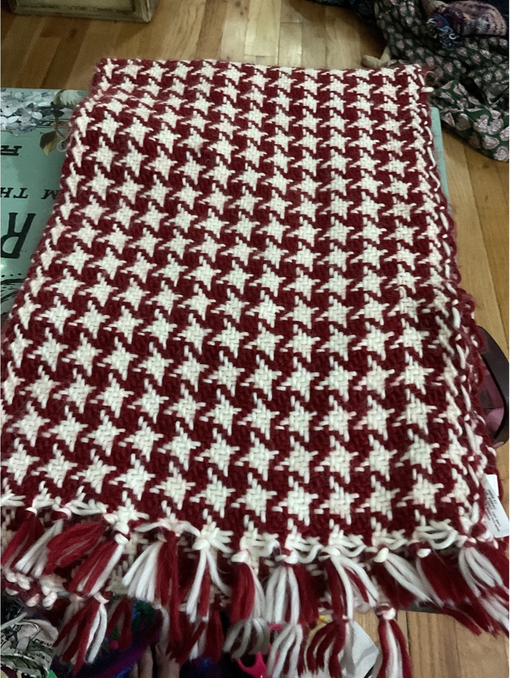 Talbots Red and White Knit Scarf with Fringe